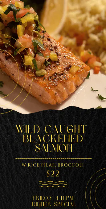 A promotional announcement for a salmon dinner